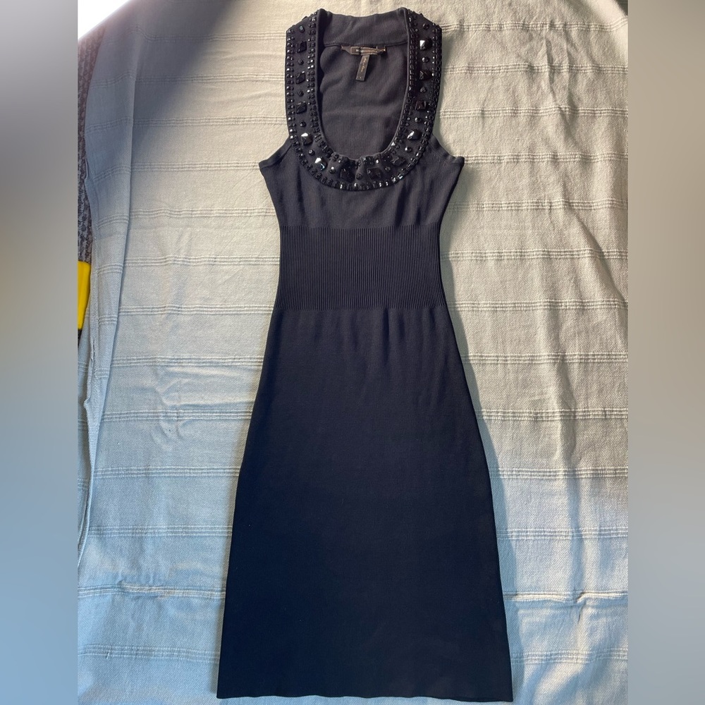 BCBG body con rib knit dress with rhinestone trim, size S